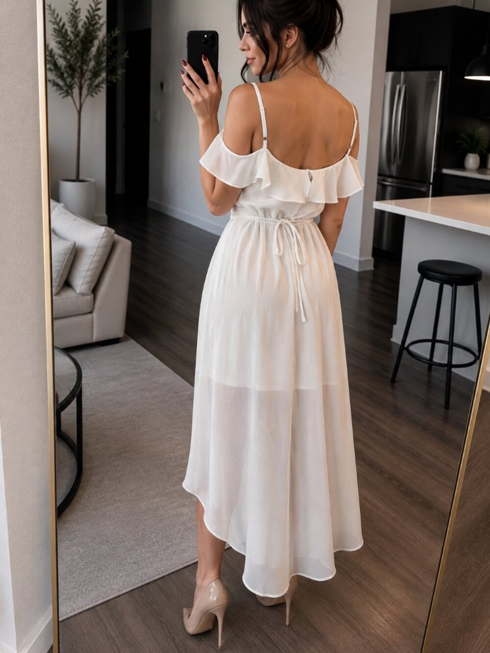 White Off-Shoulder Ruffle Midi Dres - Picture 2 of 3
